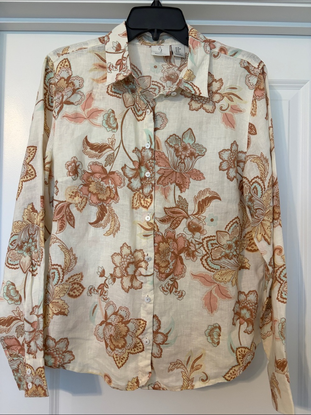 Joie Cream Button-Down Shirt with Tan, Rose & Mint Floral Print
